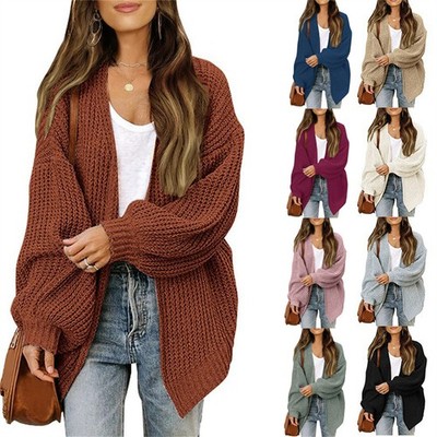 Damen Strickjacke Winter Warm Kapuzenpullover Gestrickt Langarm  Grob Cardigan