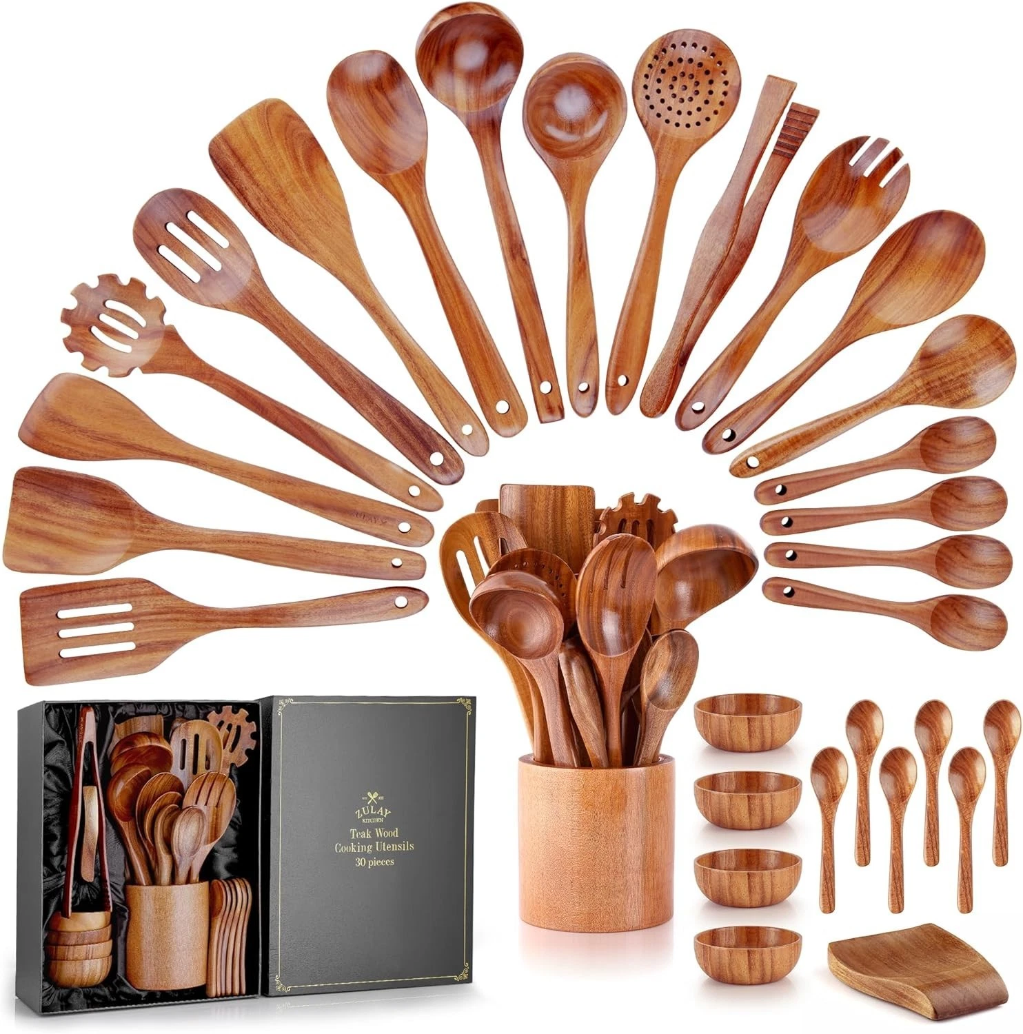 30-Piece Teak Wooden Utensils for Cooking - Natural Teak Utensil Set with Pre...