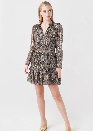 BA&SH Glen Metallic Ruffle Mini Dress Sz S Kaki Gold Print Tiered Pleated V-Neck