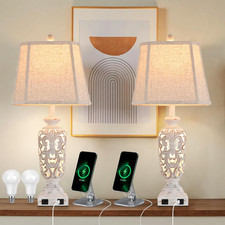 Rustic Living Room Lamps Set of 2 with USB Ports - 28" White Wash Design