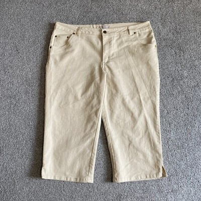 Woman Within Summer Capris Pants Plus 20W Denim Cream Tan Side Slit Stretch