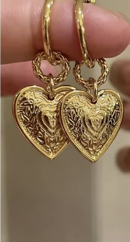 Anthropologie Heart Hoop Earrings Open Gold Boho Textured 14k C-shape Charm - Picture 5 of 8