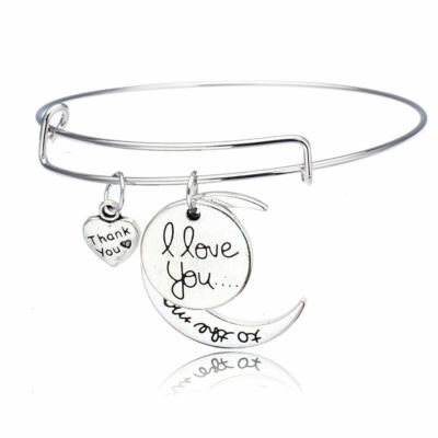 925 Sterling Silver I Love You To The Moon & Back I Love U Bracelet Bangle Cuff