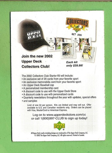 #D389.    2002 UPPER DECK PROMOTIONAL CARD - JOIN COLLECTOR CLUB  BACK - Picture 1 of 2