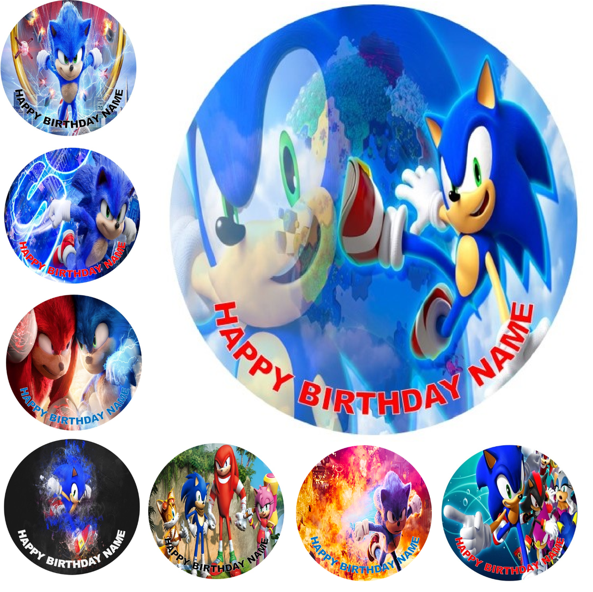 Round Sonic the Hedgehog PERSONALISED Edible Cake