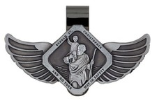 Silver Tone Behold St Christopher Go Your Way In Safety with Wings Visor Clip