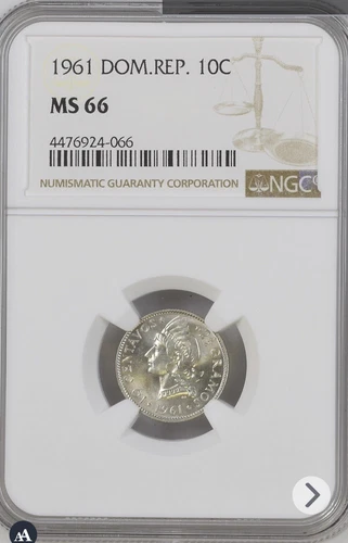 DOMINICAN REPUBLIC 1961 10 CENTAVOS SILVER NGC MS66