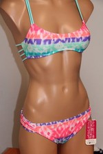 NWT Hula Honey Swimsuit Bikini 2 piece set Sz L Crochet Racer Back Multi