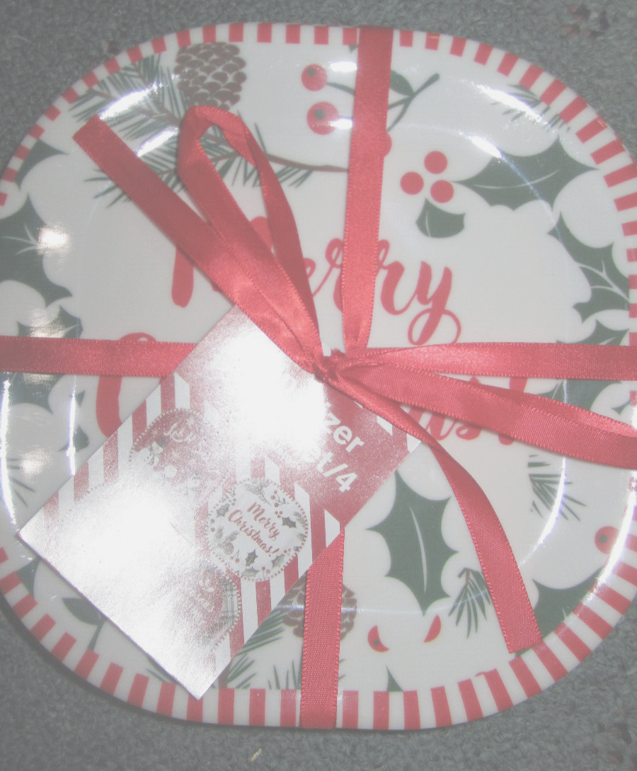 Christmas Melamine Appetizer Plates, Set of 4, Trees Snowman Holly Dinnerware