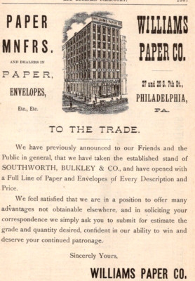 1887 WILLIAMS PAPER CO PAPER MANUFACTURERS  Philadelphia  PA Gazetteer