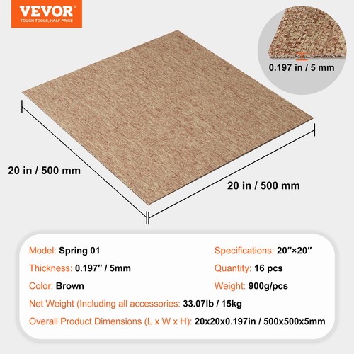 VEVOR Carpet Tile Floor 16pcs Squares w/Padding Attached 20"x 20"Dark Brown - Picture 7 of 12