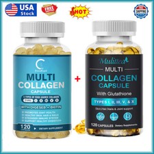 2xMulti Collagen Peptides 120 Capsules-Type I,II,III,V,X Anti-Aging Collagen Cap