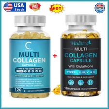 2xMulti Collagen Peptides 120 Capsules-Type I,II,III,V,X Anti-Aging Collagen Cap
