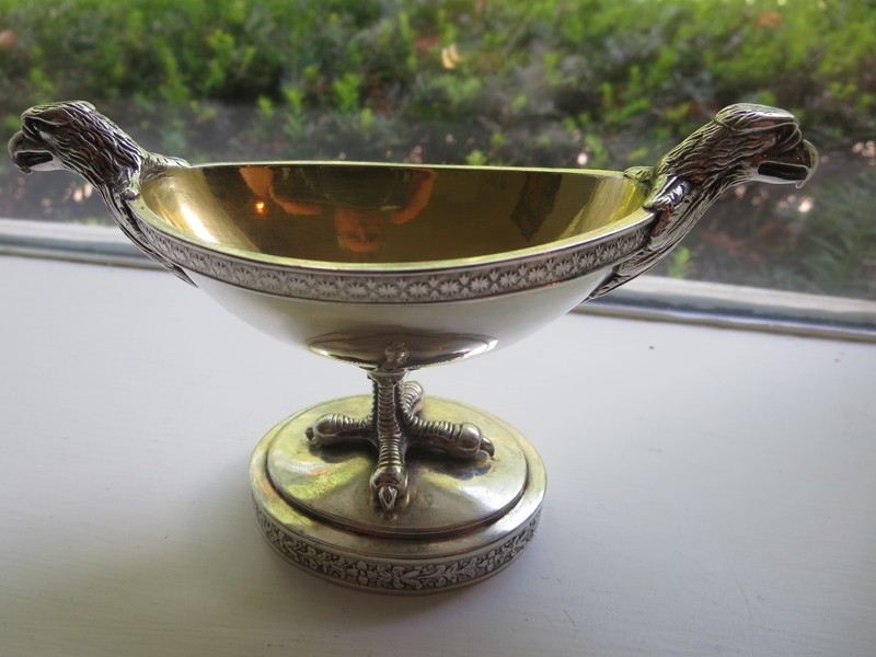 VERY RARE STERLING SILVER SALT CELLAR GOLD WASH EAGLE/HAWK SALT SERVING DISH 