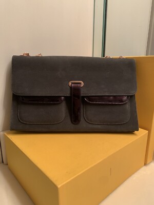 Gianfranco Ferre Suede Patent Leather Gray & Purple Clutch Bag With Chain Handle