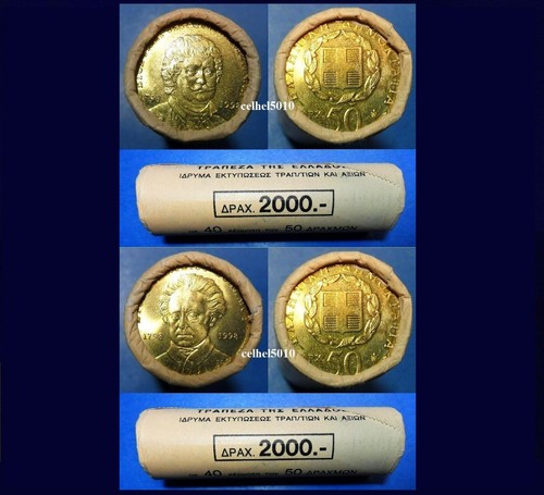 1998 GREECE – 50 Drachmas – RIGAS FERAIOS & DIONYSIOS SOLOMOS – 2 Rolls 80 Coins