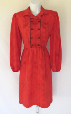 VTG 1970s CATHY SUE SECRETARY DRESS SIZE 6 RED BLACK MOONS DOTS BELT ASCOT POLY