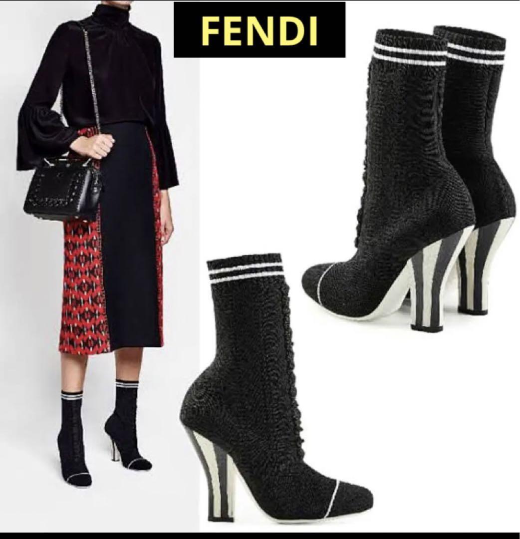 FENDI Rococo Boots Sock Knit Size US5.5 Black High heel