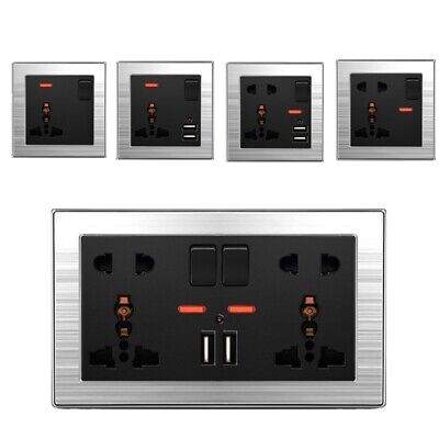 Double Wall Plug Socket 2 Gang 13A with 2 USB Charger Port Outlets Slim Plate