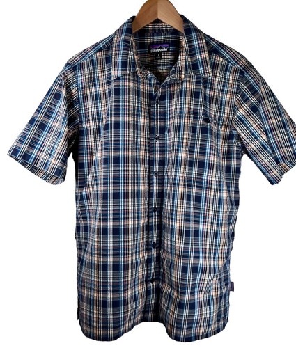 PATAGONIA MEN’S MEDIUM SEERSUCKER 21”W PLAID COTTON SHORT SLEEVE BLUE CAMP SHIRT - Picture 24 of 24