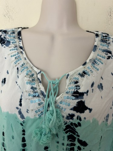 Dress Barn Women’s BOHO Blue Aqua Tie Dye Shirt Tunic Tassels Plus Size L - Picture 3 of 5