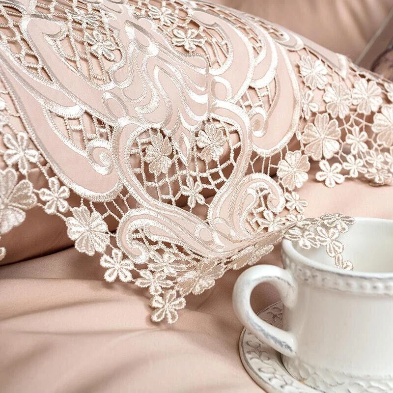 Luxury bedding set 6pcs 100S pima cotton hollow lace quilt cover flat sheet set - Image 4 of 4