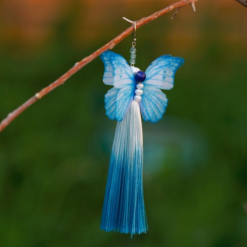 AD66 White Pearl Lapis lazuli tourmaline stereoscopic butterfly tassel earring - Picture 4 of 9