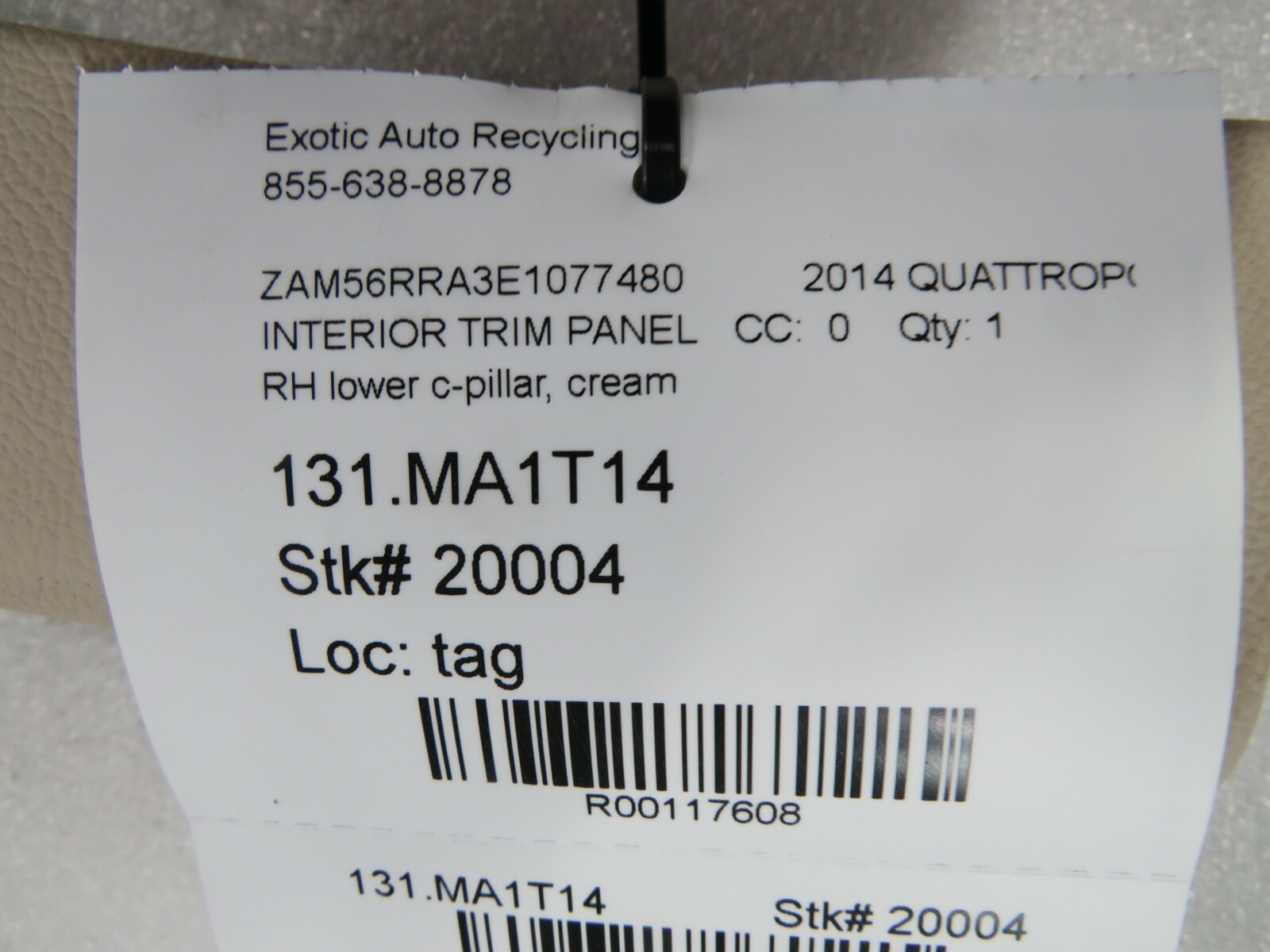 Maserati Quattroporte, RH, Right Lower C-Pillar Trim Panel, Used, P/N  670013358
