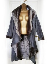 F&f Dark Grey Faux Fur Lined & Suede Waterfall Coat, Size 12 - Bnwt