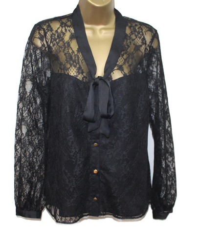 Lipsy Black Lace Blouse Shirt 10 Pussy bow Long sleeve Top Lace Sexy Work Office - Picture 10 of 16