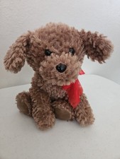 Walmart Brown Curly Hair Dog Plush Red Bow Sitting Puppy Stuffed Animal Toy