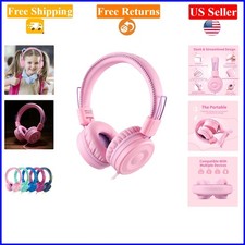 Pink Kids Wired Headphones On Ear, Adjustable, Foldable, Tangle-Free for Chil...