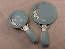 Antique Art Deco Blue Enamel Vanity Set Brush Mirror Silver tone handles.