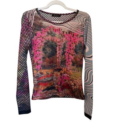Cop Copine Chekpoint Mesh Top Size S Mixed Print Long Sleeve Y2k Avant Garde