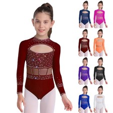 Kids Girls Bodysuit Figure Skating Leotard Activewear Jumpsuit Dancewear Shiny