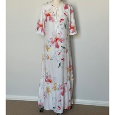 NORACORA Floral Maxi Dress White Pink Yellow Tassel Tie Neck Ruffle Sleeve S