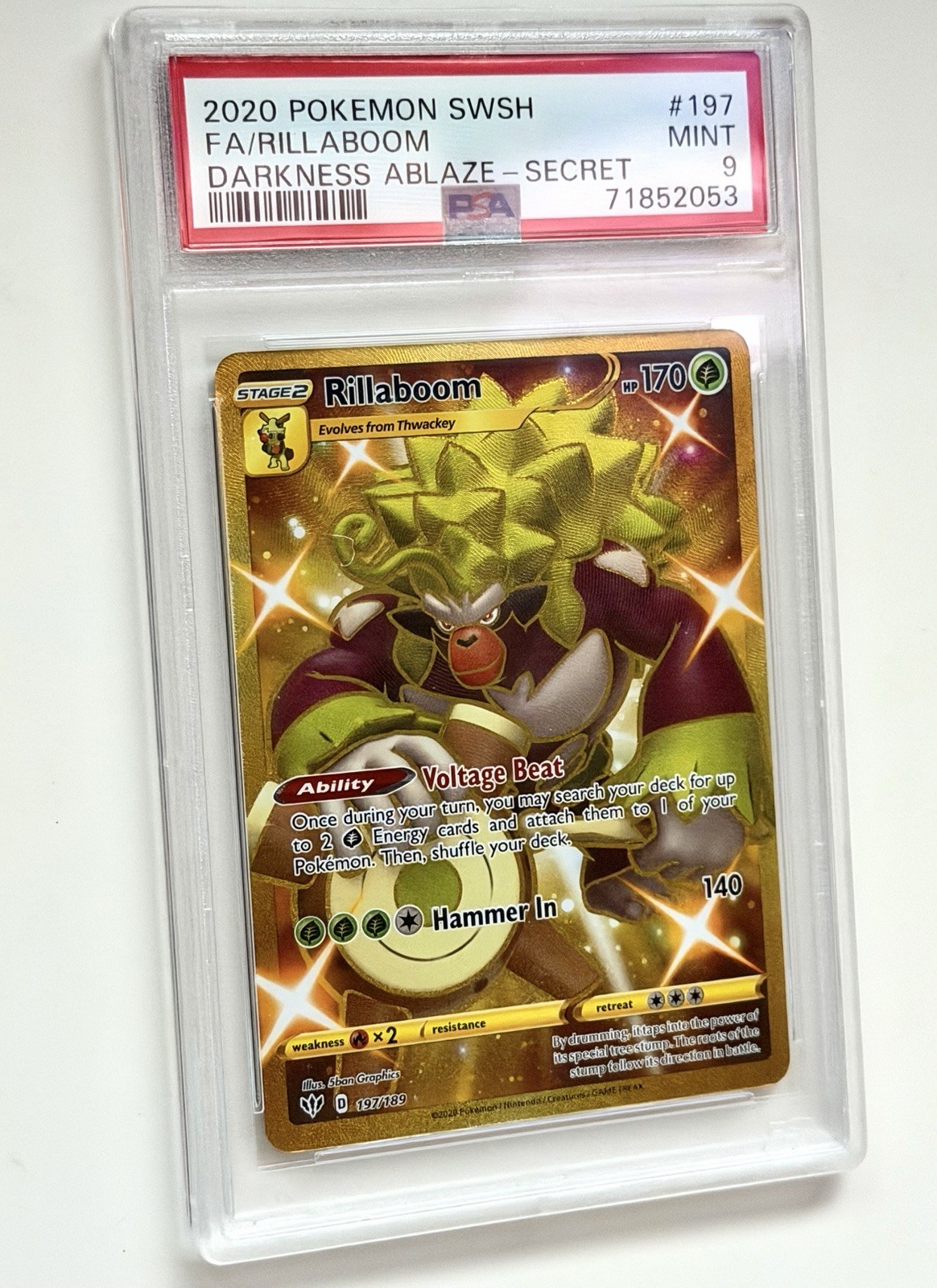 Pokémon TCG - Darkness Ablaze Rillaboom Gold Secret 197/189 PSA 9