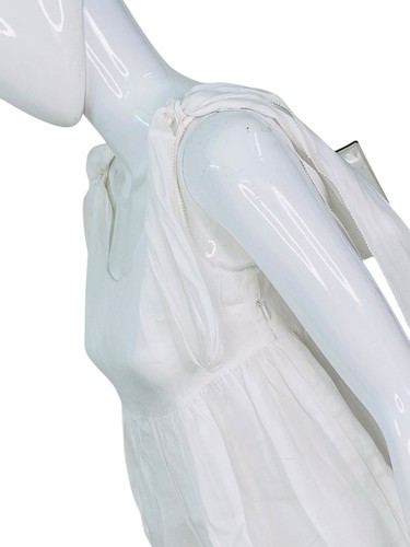 Doen Femmes Col Rond sans Manche Cravate Bretelles Blanc Ramie Court Mini Robe S - Photo 8 sur 14