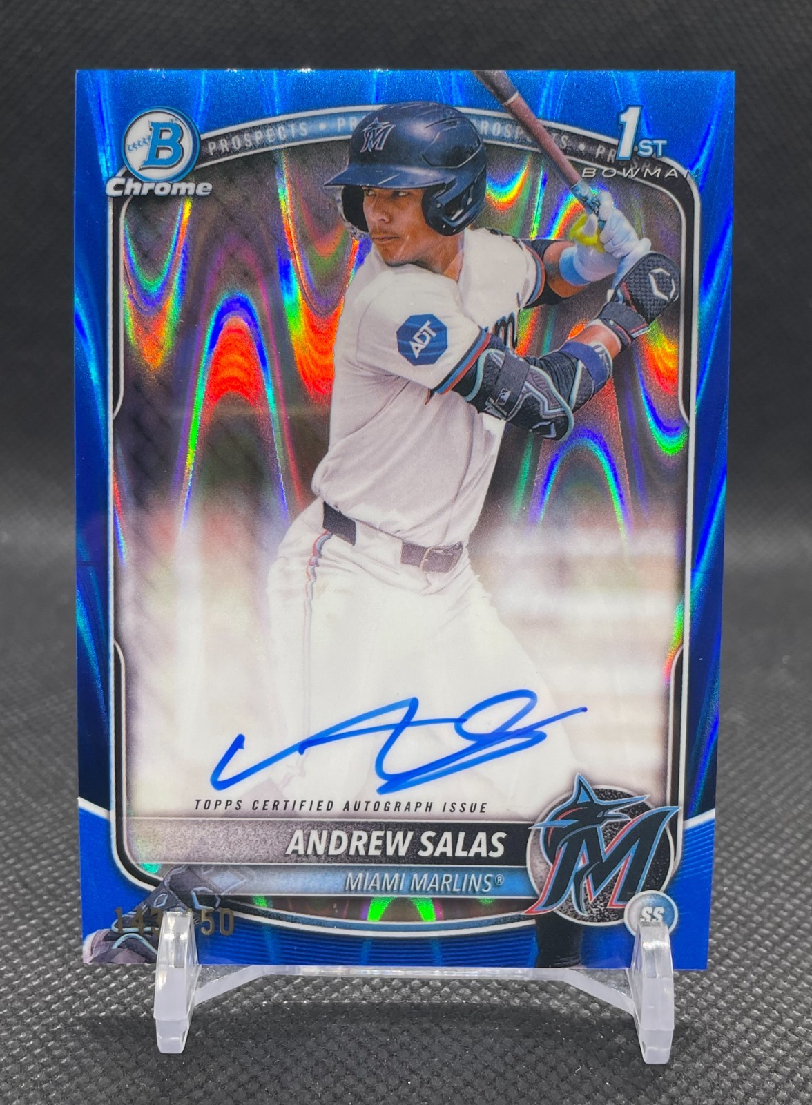 2025 Bowman Chrome Andrew Salas 1st Auto Blue Raywave Refractor 143/150 Marlins