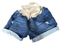 Maternity Blue Jean Short Full Belly Band Midi Cuffed Holey Distress Denim L 112