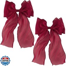 STSTR 2Pcs Large Hair Bow Clips, Silk Yarn Ribbon Bow Hair Barrette for Women