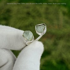 Valentines Deal March Aquamarine Rough Gemstone 925 Sterling Silver Ring Jewelry