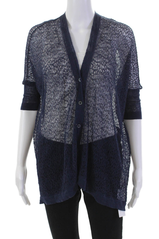 D. Exterior Womens Linen Short Sleeves Cardigan Sweater Navy Blue Size Small LL1