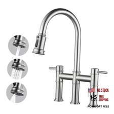 Bridge Faucet for Kitchen Sink: Farmhouse 3 Hole Kitchen Faucet Brushed Nickel