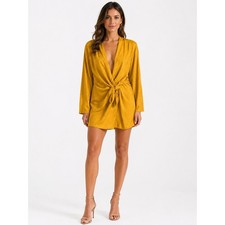 Zara Mustard Yellow Jacquard Floral Front Knot Plunging Mini Dress or Top Boho
