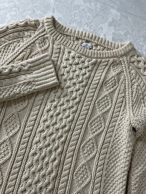 LL BEAN Signature  Fisherman Cable Knit Side Zip Sweater Womens Size Small Cream