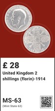 1914 0ne Florin (2 Shillings) .925 Silver Coin, Mint Condition.