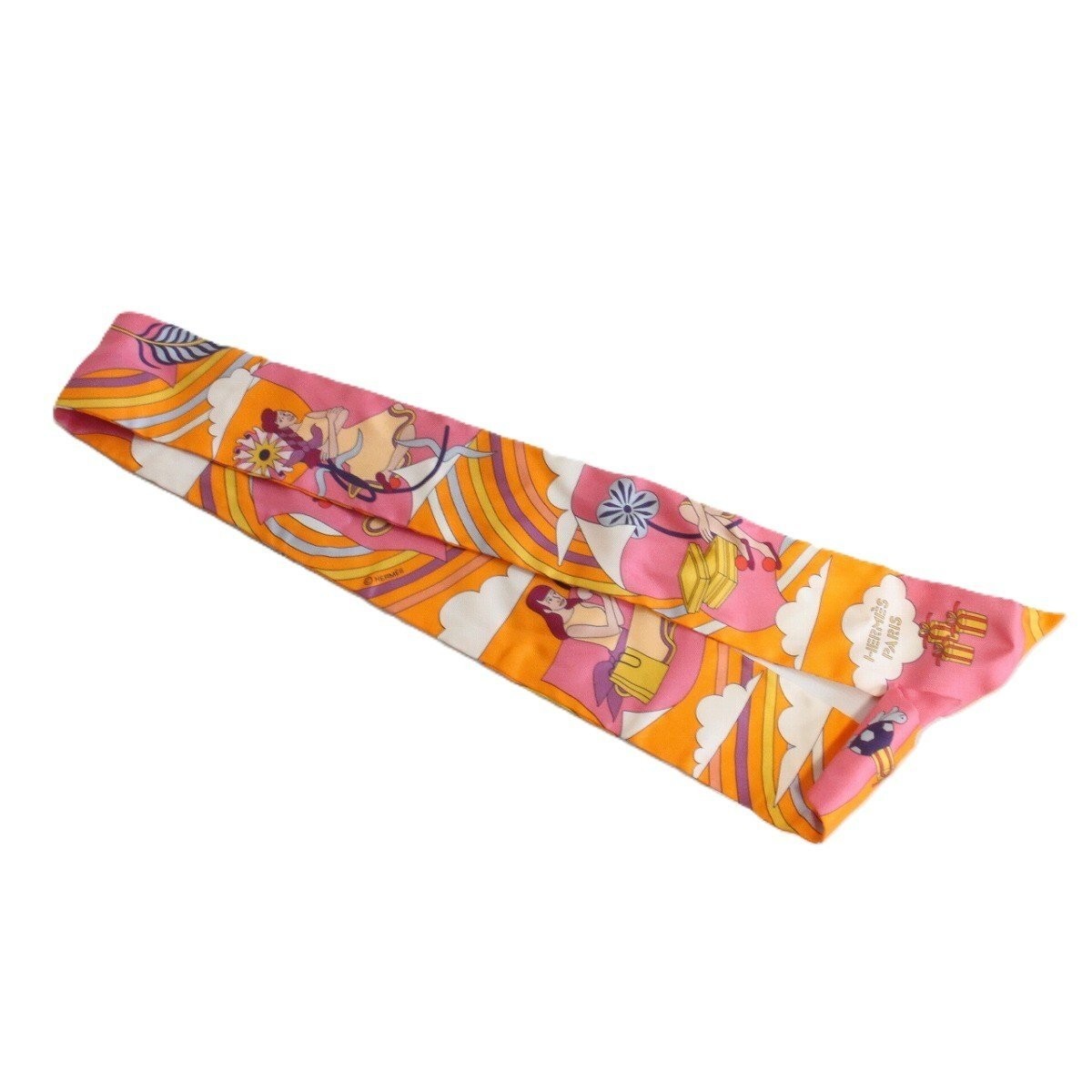 HERMES Twilly Silk My Cloud 063849S Orange 5cm x 85.5cm Authentic Rare