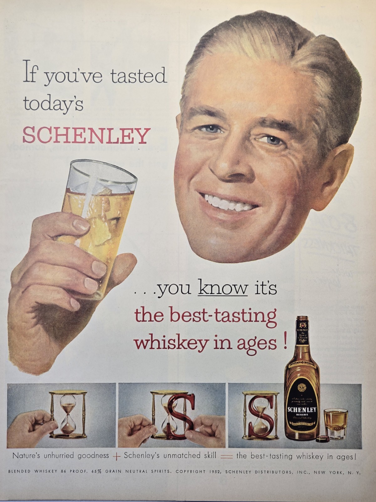 Schenley Best Tasting Whiskey In Ages Hourglass Vintage Print Ad 1952-image