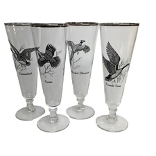 4 Federal Footed Pilsner Beer Glass Game Birds Silver Rim Barware Man Cave Vtg